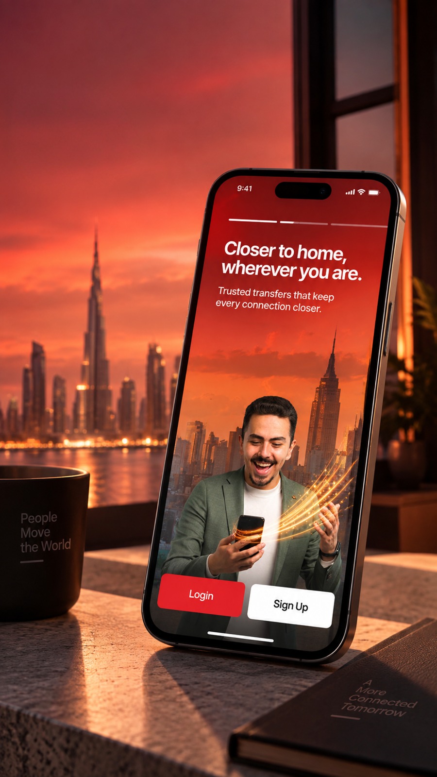 Customer using the app at sunset in Dubai